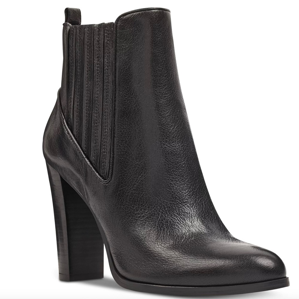 Nine West Womens Black Leather Block Heel Ankle Boots Almond Toe Booties 8M